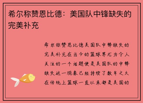 希尔称赞恩比德：美国队中锋缺失的完美补充
