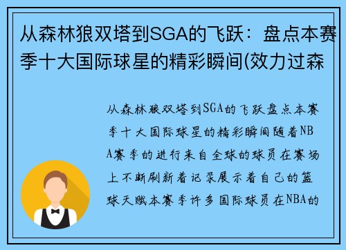 从森林狼双塔到SGA的飞跃：盘点本赛季十大国际球星的精彩瞬间(效力过森林狼的球星)