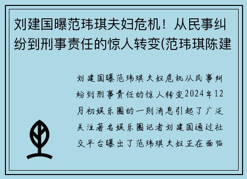 刘建国曝范玮琪夫妇危机！从民事纠纷到刑事责任的惊人转变(范玮琪陈建州婚纱照)