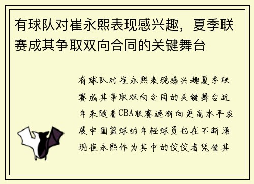 有球队对崔永熙表现感兴趣，夏季联赛成其争取双向合同的关键舞台