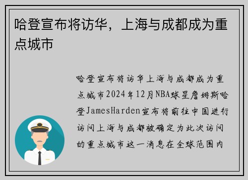 哈登宣布将访华，上海与成都成为重点城市