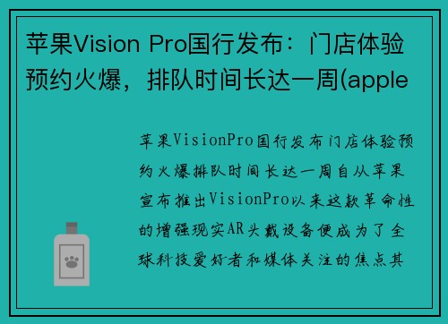 苹果Vision Pro国行发布：门店体验预约火爆，排队时间长达一周(apple's vision)