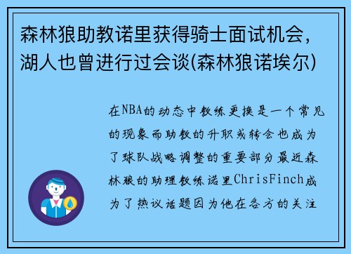 森林狼助教诺里获得骑士面试机会，湖人也曾进行过会谈(森林狼诺埃尔)