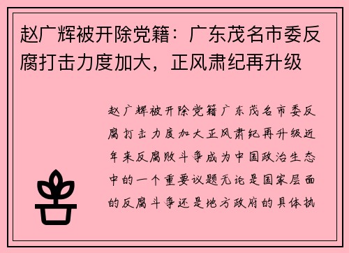 赵广辉被开除党籍：广东茂名市委反腐打击力度加大，正风肃纪再升级
